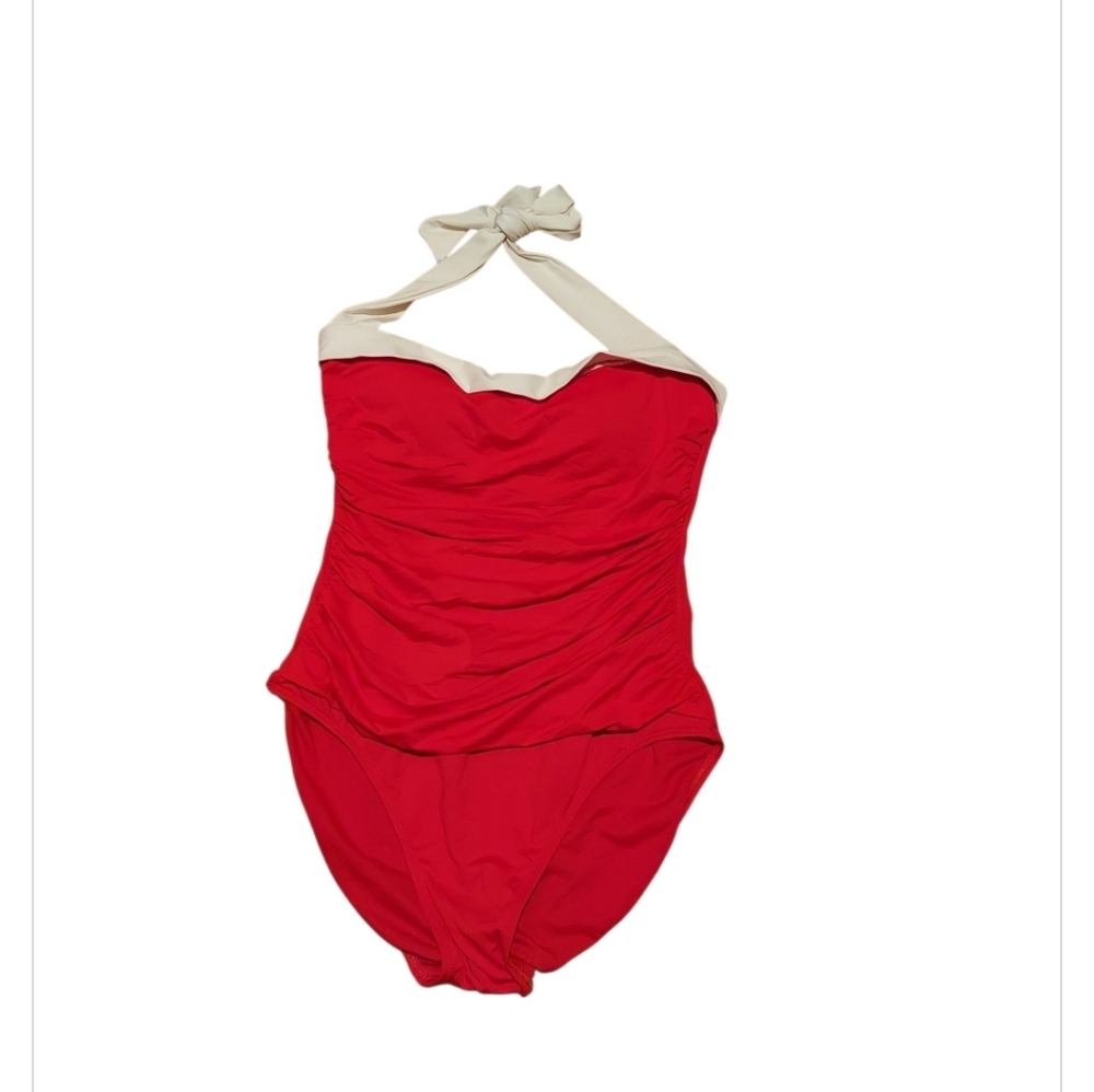 Lauren Ralph Lauren Tummy Control Ruched Halter One Piece Swimsuit Red Sz 10 Y2K